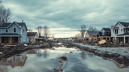 Fototapeta premium Suburban street devastated by flood, showing damaged houses and muddy water.