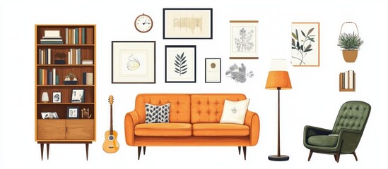 Mid-century modern living room interior design elements including sofa, armchair, bookcase, wall art, and floor lamp.