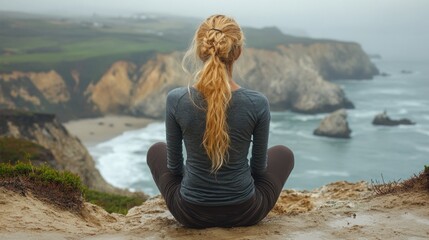 person sits peacefully on a cliff edge, gazing at the ocean waves crashing against rocky formations below. sky is gray, hinting at a serene but cool day by the coast