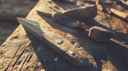 Close-up of ancient stone tools, sharp flint knives, and polished axes on a weathered wooden surface, symbolizing prehistoric craftsmanship and the dawn of human ingenuity.
