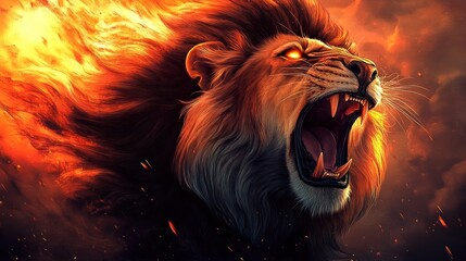 Majestic Lion Roaring With Fiery Background in Stunning Digital Art Display
