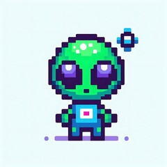 Pixel art of a green alien character.