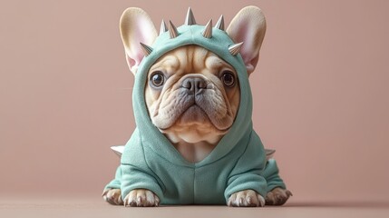 Stylish French Bulldog in Spiked Hoodie Against Soft Background