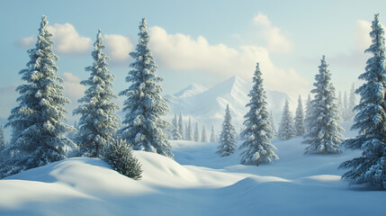 Obraz premium Beautiful landscape with snow covered fir trees and snowdrifts.Merry Christmas and happy New Year greeting background with copy-space.Winter fairytale. 