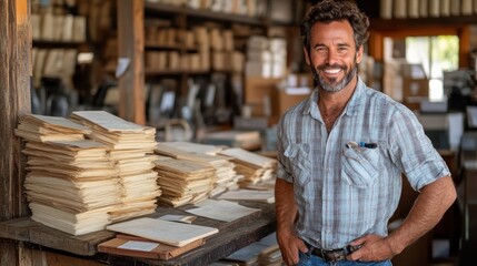 smiling man poses confidently in a spacious warehouse filled with stacks of documents