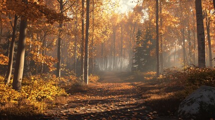 Obraz premium a peaceful forest during autumn, warm orange and yellow tones, crisp air, cinematic view