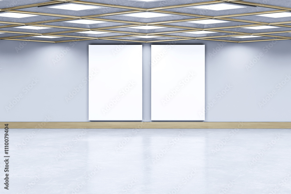 Poster spacious modern interior with two vertical blank white mockup posters on a clean wall under a geomet