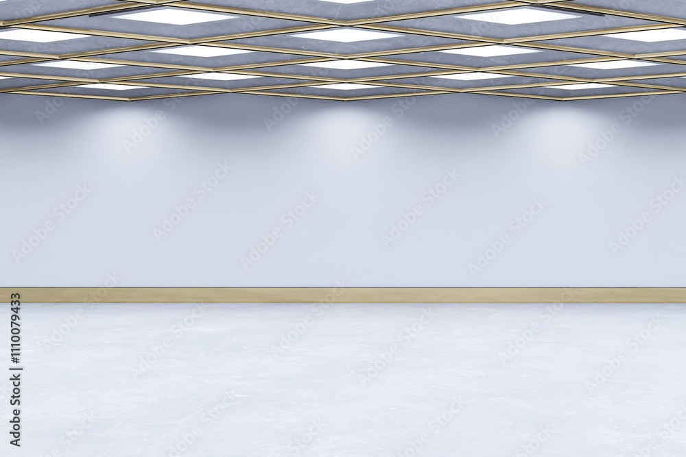 Poster Spacious modern interior with blank light gray walls and tiled ceiling featuring illuminated panels. Clean and empty space concept. 3D Rendering
