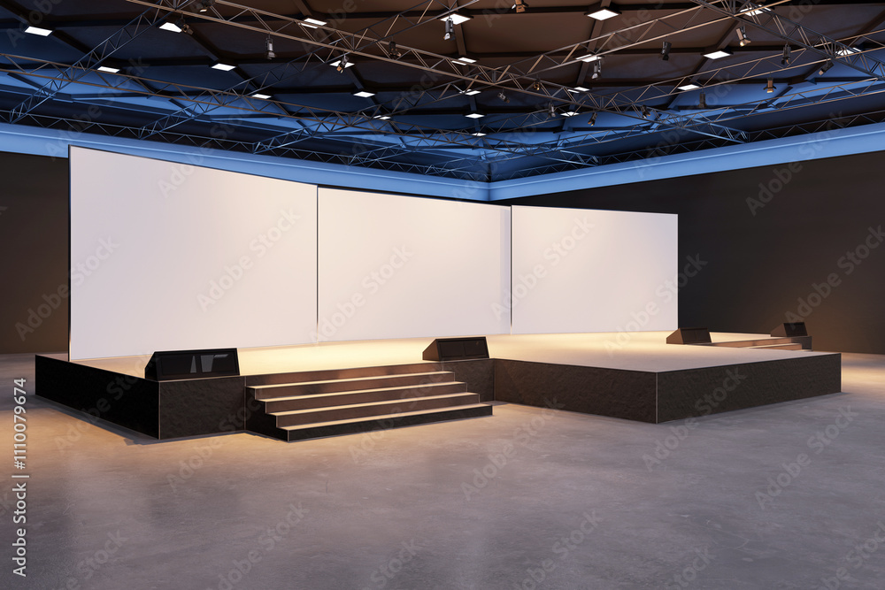 Poster modern stage setup with blank screens and lighting in a spacious indoor venue. 3d rendering