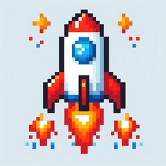 Pixel art rocket launching with flames and stars.