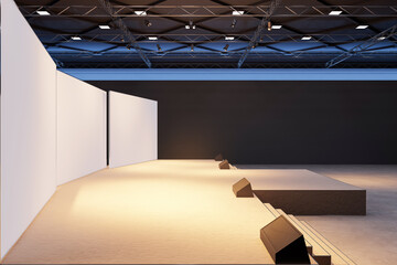 Modern exhibition stage with blank panels and lighting setup, featuring dark walls and an industrial ceiling design. 3D Rendering