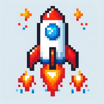 Pixel art rocket launching with flames and stars.