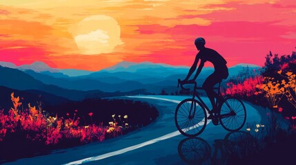 Obraz premium Silhouette of Cyclist on Winding Road at Sunset