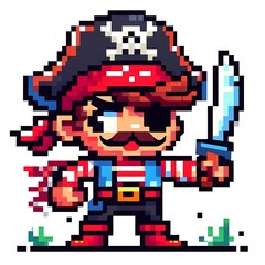 Fototapeta premium Pixel art of a pirate character with a sword.
