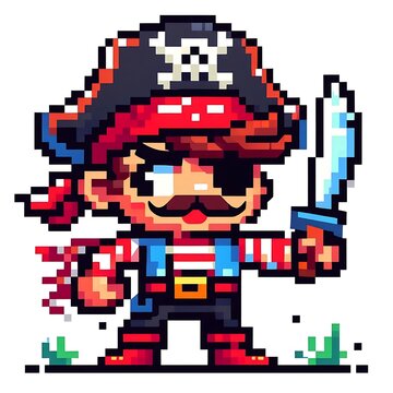 Pixel art of a pirate character with a sword.