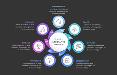 Circle infographic template with 7 elements, dark background, vector eps10 illustration