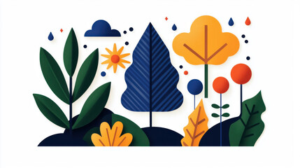 Colorful illustration of plants, trees, and sun in vibrant landscape