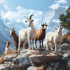 Obraz premium Herd of Goats on Rocky Terrain in the Wilderness