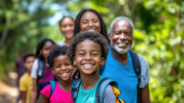 happy multigenerational family enjoying nature hike together, smiling and bonding in lush green environment. Their joy and connection are evident as they explore outdoors