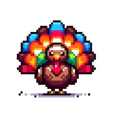 Fototapeta premium Pixel art turkey with colorful feathers.