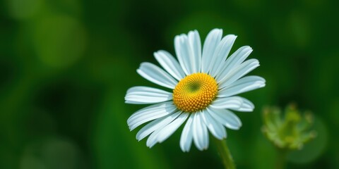 Obraz premium A delicate white daisy with a vibrant yellow center blooms against a backdrop of rich green foliage.