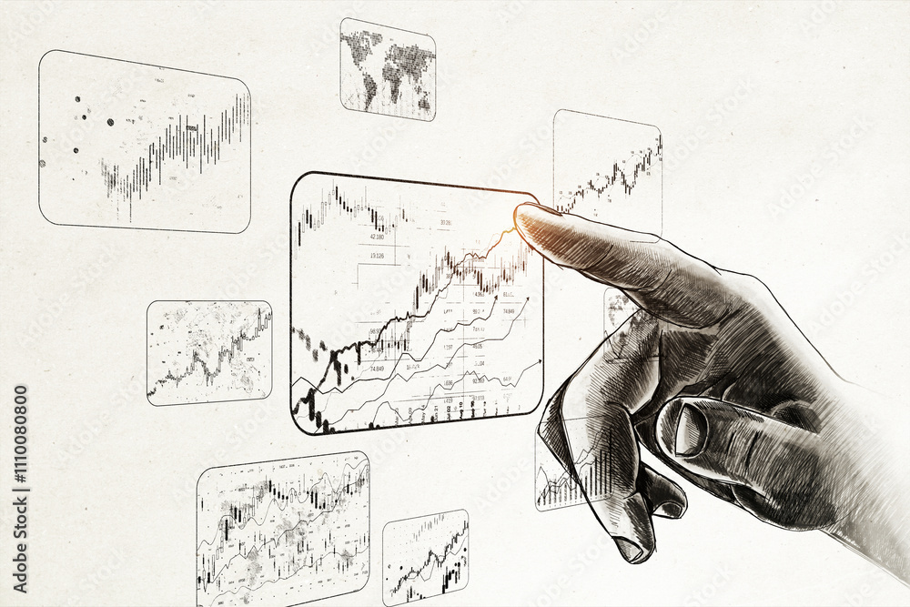 Leinwandbilder hand interacting with financial data on abstract graphical interface.