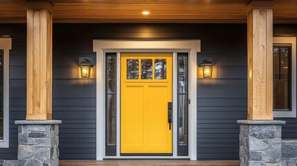 Naklejka premium Entrance house bright yellow door is flanked front entry