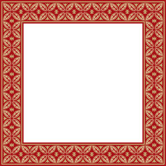 Vector square gold with red ancient Russian ornament. Slavic rectangle, border, frame. Painting of the royal chambers
