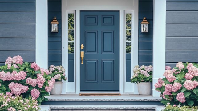Entrance house dark blue front door has Gray