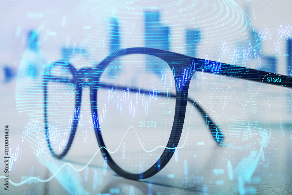 Poster financial trading concept with glasses and data visualization on abstract digital background.