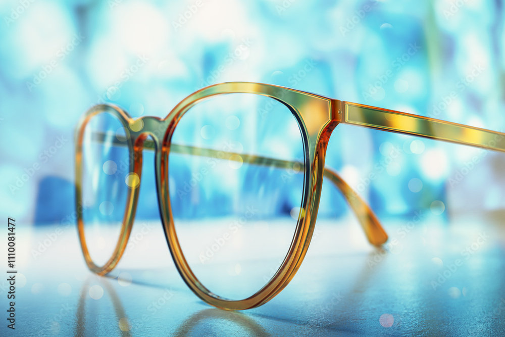 Aufkleber Closeup of stylish glasses on reflective surface with blurred blue background and bokeh light effects. 3D Rendering