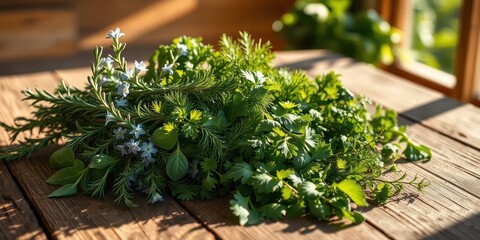 Fototapeta premium A fresh bouquet of herbs on a wooden surface, bathed in the warm glow of sunlight, showcasing the natural beauty and vibrancy of nature's bounty.