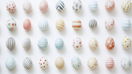 Colorful decorative eggs arranged in grid pattern, showcasing various patterns and designs. vibrant colors and intricate details create festive and cheerful atmosphere