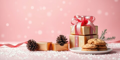 Naklejka premium Festive Arrangement of Golden Gifts, Pine Cones, and Cookies on a Pink Background with Snow