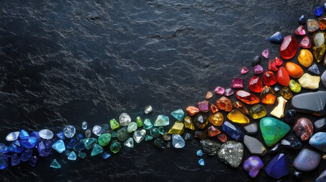 A captivating scene of a rainbow made of assorted gemstones scattered across a dark background, Representing the diverse and valuable contributions that come together to create a beautiful whole