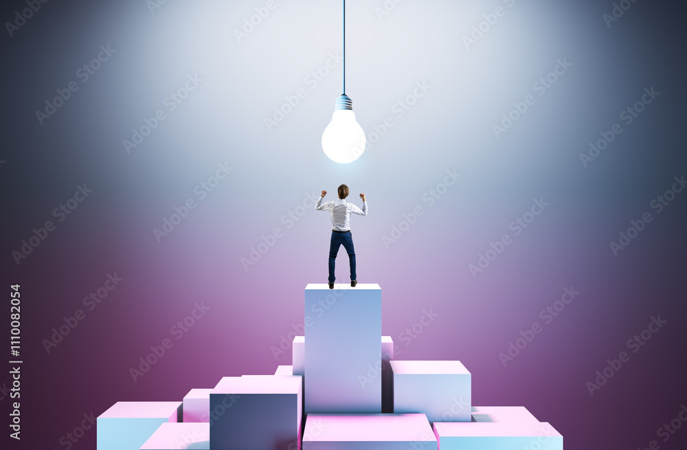Poster businessman celebrating success on a stack of blocks under a glowing lightbulb symbolizing an idea a