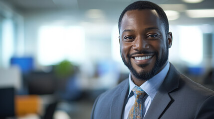 Fototapeta premium confident man in suit smiles warmly in modern office setting, showcasing professionalism and approachability