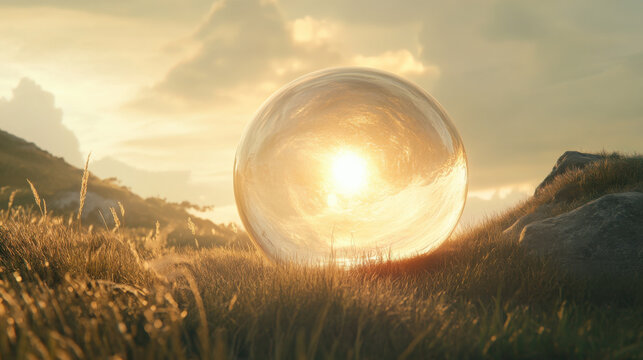 stunning zorb sphere reflecting sunlight in serene landscape, surrounded by grass and rocks, creating magical atmosphere