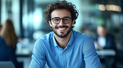 Fototapeta premium Portrait young man curly hair beard wearing glasses of Enthusiastic white