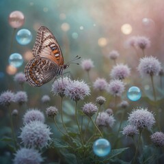 A butterfly in a misty fairyland surrounded by ethereal orbs and pastel colors.