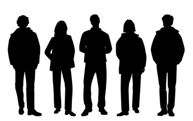 Vector silhouettes of  men and a women, a group of standing   business people, profile, black isolated on white background