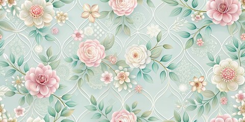 Elegant Pastel Floral Pattern with Intricate Lattice Design