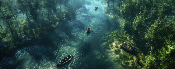 Obraz premium Aerial view of serene river with boats gliding through lush greenery, creating tranquil atmosphere. sunlight filters through trees, enhancing peaceful scene