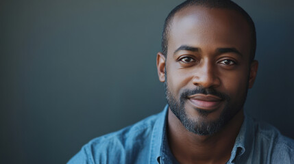 Fototapeta premium portrait of smiling man with beard, wearing blue shirt, exuding confidence and warmth. His expression reflects positive and approachable demeanor