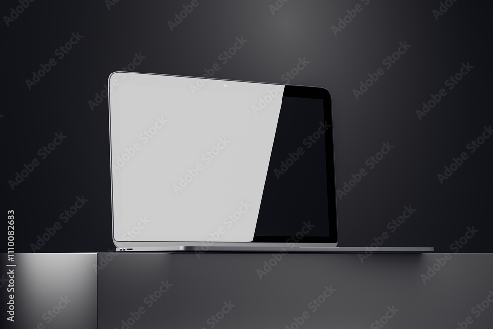 Poster Minimalist open laptop with blank screen on dark modern background in studio spotlight concept. 3D Rendering