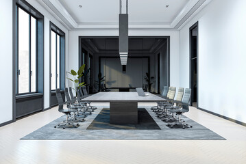 Modern conference room with large table, chairs, and bright windows overlooking cityscape,...