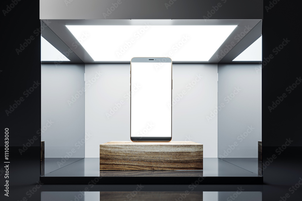 Aufkleber smartphone displayed on a wooden podium in a modern illuminated showcase with reflective surfaces an