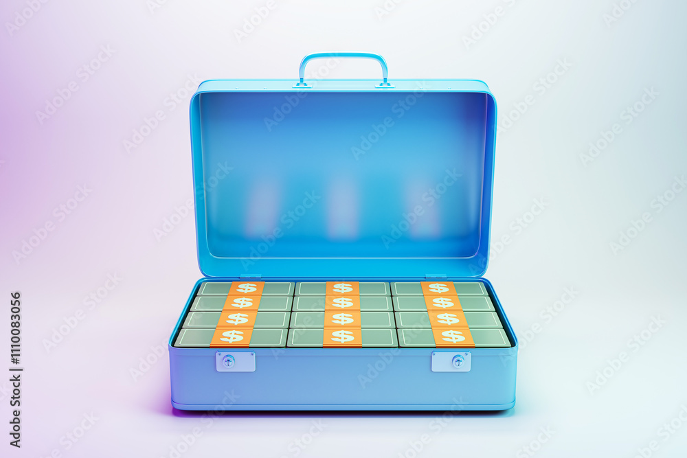 Aufkleber open blue suitcase filled with stacks of money with dollar symbols on a gradient background. 3d rend