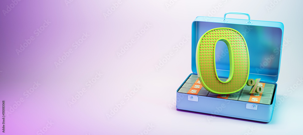 Poster metallic briefcase with cash bundles and a bold green 0 symbol, placed on a gradient background. bus