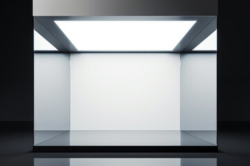 Modern glass exhibition stand with illuminated interior in a dark setting. 3D Rendering